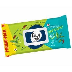 Влажные Салфетки Emily Style зеленый ЧАЙ выгодно 100+20 штук упаковка с клапаном (20% бесплатно)