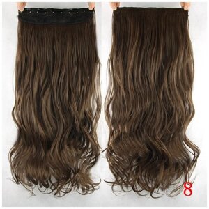 Волосы на 5 заколках, волнистые, 60 см. 120 г, темный шатен/ Прядь для наращивания/ Волнистые волосы