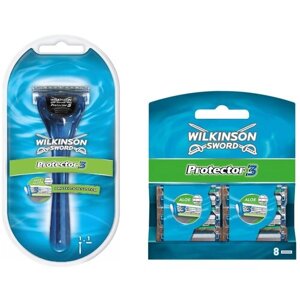 Wilkinson Sword / SCHICK Protector 3 / Бритвенный мужской станок c 1 кассетой + упаковка 8 кассет