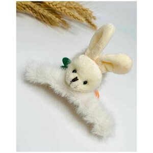 Заколка для волос Краб меховой с кроликом с морковкой, детский белый меховой крабик для волос, кролик