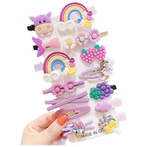 Заколки для девочек детские "Croco Gifts" зажимы и клик-клак 14 штук набор. Фиолетовые