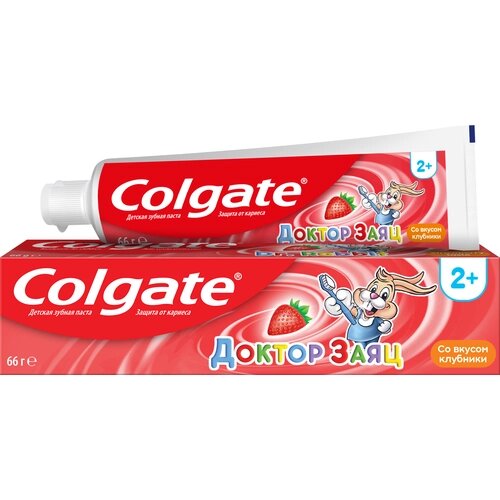 Зубная паста Colgate Доктор Заяц вкус Клубники детская, 50 мл, 66 г, красный
