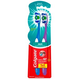 Зубная щетка COLGATE 360 Суперчистота 1+1 в подарок, средней жесткости, 2шт