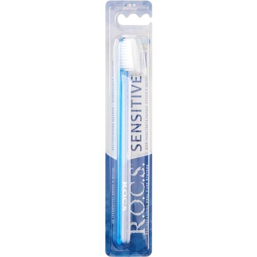 Зубная щетка R. O. C. S. Sensitive, мягкая, синяя/белая, диаметр щетинок 1 мм