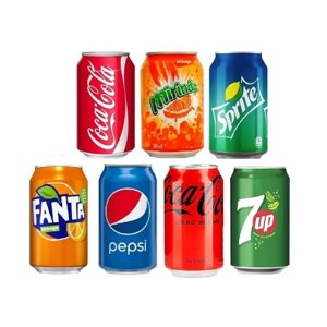 Большой набор напитков Fanta, Pepsi, Coca-Cola, Coca-Cola Zero, Sprite, 7UP, Mirinda (Афганистан)7 банок по 0.3 л)