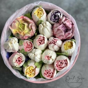 Букет из зефирных цветов ручной работы, натуральный зефир, тюльпаны / пионы / 20см