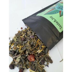 Чай зеленый крупнолистовой "Таежный сбор" 100гр. листья брусники, календула, мальва, вишня, боярышник, листовой рассыпной на основе трав и ягод Taste & Joy