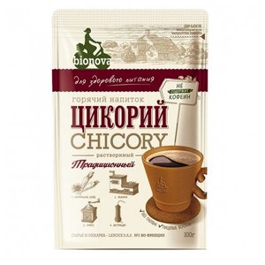 Цикорий BIONOVA порошкообразный Традиционный растворимый без кофеина, пакет, 100 г