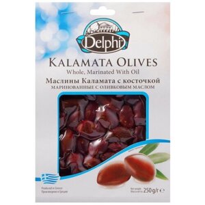 DELPHI Маслины Каламата с косточкой маринованные с оливковым маслом, 250 г, 250 мл