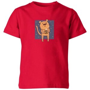 Детская футболка «Милый тигр и напиток. Кофе, какао, чай»104, красный)