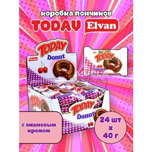 Elvan Today Donut Cherry/ Коробка пирожных для детского праздника в школу или сад/Пончики в глазури с вишней 24 шт в индивидуальных упаковках