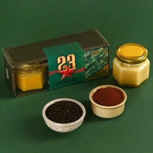 Фабрика счастья Набор «23 февраля»чай чёрный с лимоном 50 г, кофе молотый 50 г, крем-мёд с апельсином 120 г.