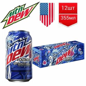 Газированный напиток MTN Dew (Mountain Dew) Voltage со вкусом малины, цитруса и женьшеня (США), 355 мл (12 шт)