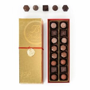Конфеты шоколадные ассорти, 16 конфет, 4 видов начинки и 2 вида шоколада, BODRATO CIOCCOLATO, 0,155 кг (золотая карт/коробка пенал)