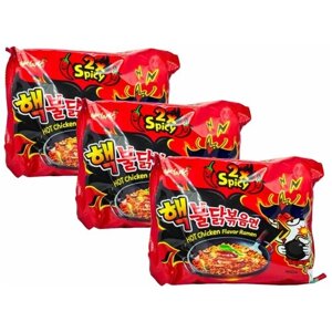 Лапша в пакете Samyang Hot Chicken Flavour Ramen 2x Spicy двойной вкус остроты курицы в соусе (3 шт. по 140 гр.)