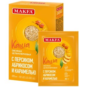 Макфа Каша овсяная цельнозерновая с персиком, абрикосом и карамелью, порционная, 200 г