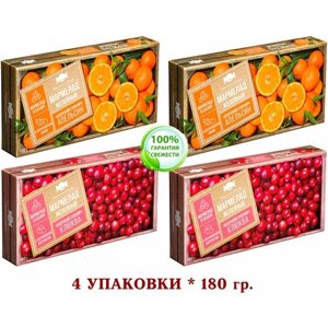 Мармелад микс натуральный апельсин/клюква, желейные кубики на агаре "Озерский сувенир" постный 180 гр. 4 упаковки.