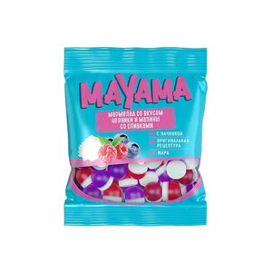 «Mayama», мармелад жевательный с желейной начинкой со вкусом черники и малины со сливками, 70 г, 5 штук