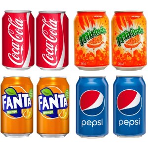 Набор газированных напитков Fanta, Pepsi, Coca-Cola, Mirinda, Афганистан), 8 банок по 0.3 л)