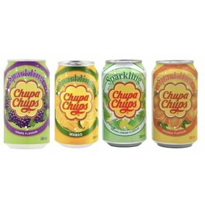 Набор из 4 банок напитков газированных Chupa Chups по 345 мл (Melon & Cream, Orange, Mango, Grape)
