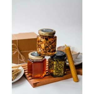 Набор из натурального меда , мёд горный , с грецким орехом и тыквенной семечкой , набор меда 3 баночки , свеча из вощины в подарок , Златоцвет