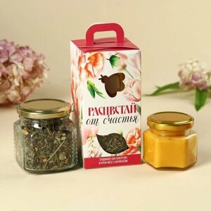 Набор «Расцветай от счастья»чай травяной 25 г, крем-мёд с абрикосом 120 г. (комплект из 5 шт)