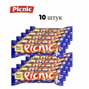 PICNIC Шоколадный батончик, Изюм, арахис, карамель, вафли, воздушный рис, Флоу-пак, 38г* 10шт