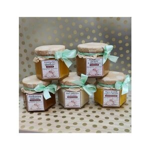 Подарочный медовый набор папе с пожеланиями , 5 баночек мёда в коробочке с бантом
