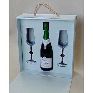 Подарочный набор безалкогольное шампанское Rimuss Champion Bio с бокалами для шампанского Distinction Chef & Sommelier 230мл, коробка-чемодан цвет небесно-голубой
