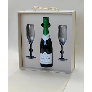 Подарочный набор безалкогольное шампанское Rimuss Champion Bio с бокалами для шампанского Distinction Chef & Sommelier 230мл, коробка-чемодан цвет песочно-бежевый