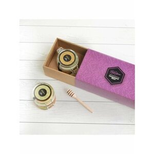 Подарочный набор "Люкс фиолетовый" мёд липовый, цветочный бугель и ложечка медовая, Мед и Конфитюр