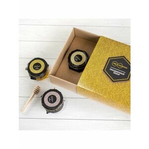 Подарочный набор "Люкс желтый" мёд каштановый, донниковый, липовый твист и ложечка медовая, Мед и Конфитюр