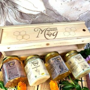 Подарочный набор меда, мёд акациевый, донниковый, майский, липовый, 4 баночки по 245 г, пасека Берковых, 2023 год