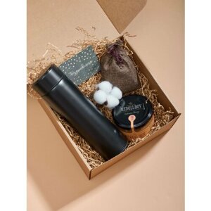 Подарочный набор на день рождения, день матери: термос с датчиком, мед-суфле, чай в мешочке, открытка