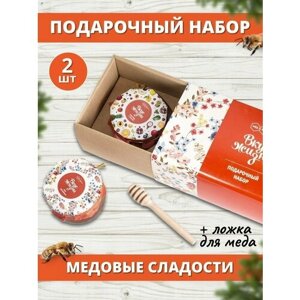 Подарочный набор "Вкус Жизни" мёд дягилевый, с курагой и ложечка медовая, Мед и Конфитюр