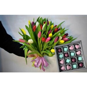 Подарочный набор "Ягодный взрыв" букет из 51 тюльпана микс + конфеты ручной работы