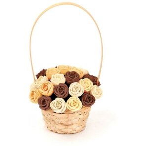 Подарок к пасхе 33 шоколадные розы CHOCO STORY в корзинке - Белый, Оранжевый и Шоколадный микс из Бельгийского шоколада, 396 гр. K33-BOSH