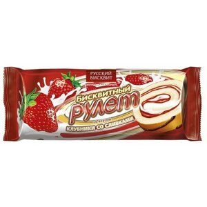 Рулет Русский бисквит со вкусом клубники со сливками, ягодная, сливочная, 175 г