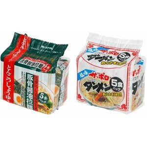 Саппоро-рамен на свином бульоне с соевым соусом и с солью (5 пакетиков в пачке), 2 штуки в наборе, SUNAOSHI, Япония
