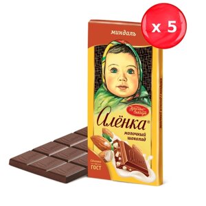 Шоколад Аленка молочный с миндалем 90г, набор из 5 шт.