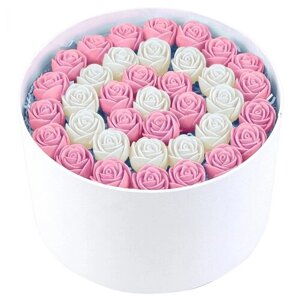 Шоколадные розы CHOCO STORY - 33 шт. в Белой шляпной коробке: Белый и Розовый Бельгийский шоколад, 396 гр. Z33-B-BR-O