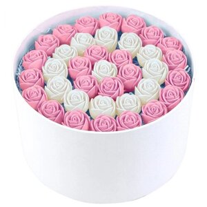 Шоколадные розы CHOCO STORY - 37 шт. в Белой шляпной коробке, Белый и Розовый Бельгийский шоколад - круглый узор, 444 гр. Z37-B-BR-O