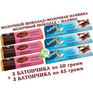 Шоколадный батончик OZera микс малиновый "Raspberry"молочный, BabyFox, "Озёрский сувенир"3 по 50 грамм + 3 по 45 грамма