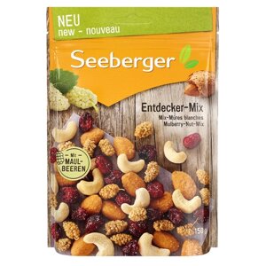 Смесь орехов и ягод Seeberger Mulberry Nut Mix Смесь сушеной белой шелковицы, сушеной клюквы, ядер кешью и соленого миндаля с медом, 150 г