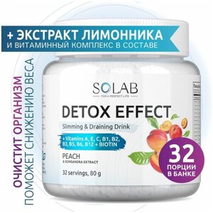 SOLAB Фитококтейль детокс Detox Slim Effect со вкусом персика, 32 порции с экстрактом лимонника для похудения, очищения
