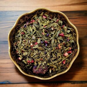 Зеленый чай Винтаж Бенгальские огни с миндалем, клюквой, бузиной и черной смородиной ароматизированный листовой рассыпной 100 грамм