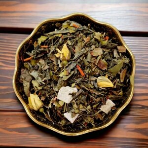 Зеленый чай Винтаж Секрет Соусапа с алоэ, белыми бутонами роз, кусочками сандалового дерева и листьями ежевики листовой рассыпной 100 грамм