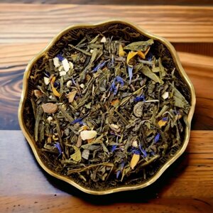 Зеленый чай Жара в тропиках Винтаж с апельсином, васильком и корицей листовой рассыпной 50 грамм