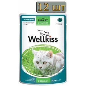 12 штук Wellkiss Sterilised Влажный корм (пауч) для стерилизованных кошек, кусочки с индейкой в соусе, 100 гр.