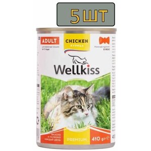 5 шт. Wellkiss Влажный корм (консервы) для кошек, нежные кусочки с курицей в желе, 410 гр.